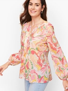 Talbots Floral Pintuck Blouse Pink Green Cotton Split Neck Top Size M